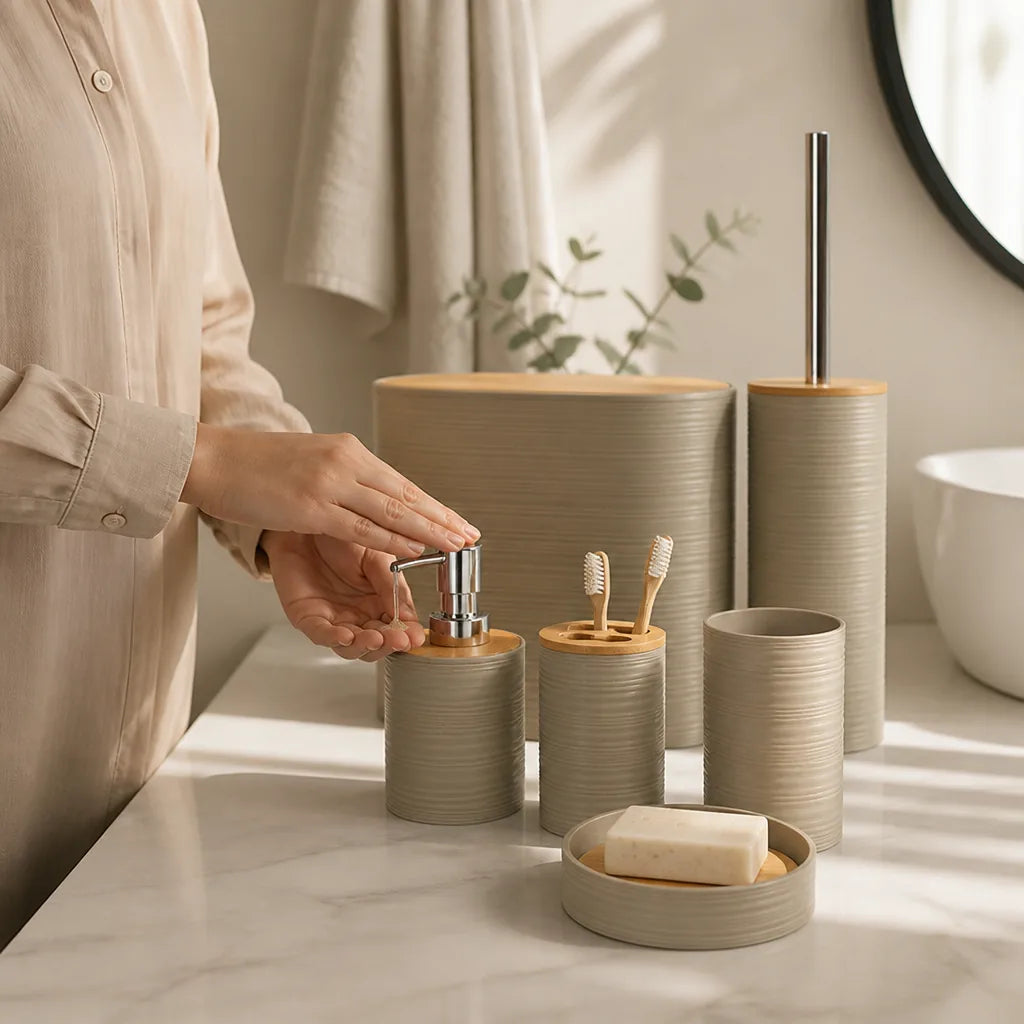 Bamboo-Accented Bathroom Accessory Set (Set of 6)