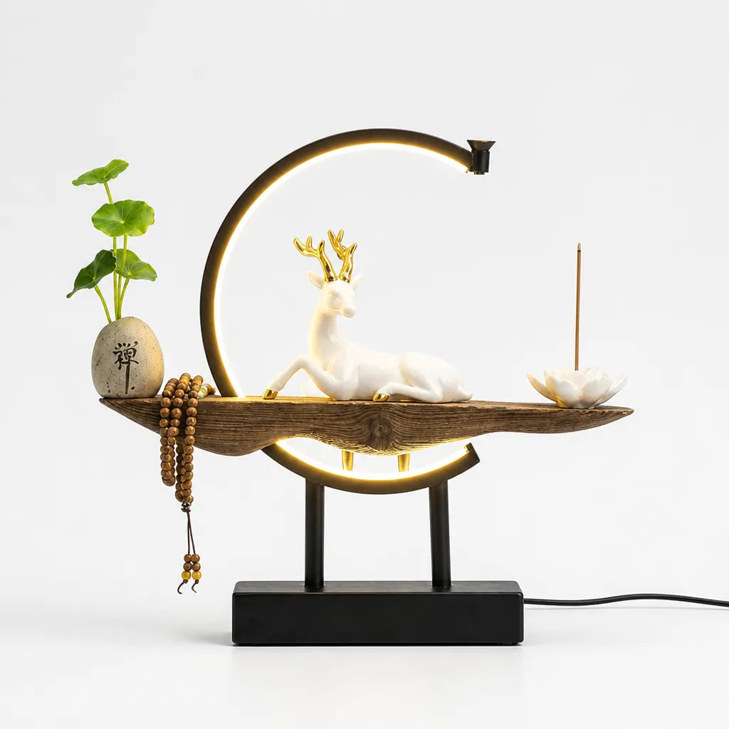 Ceramic Deer Sculpture on Warm LED Crescent Table Lamp