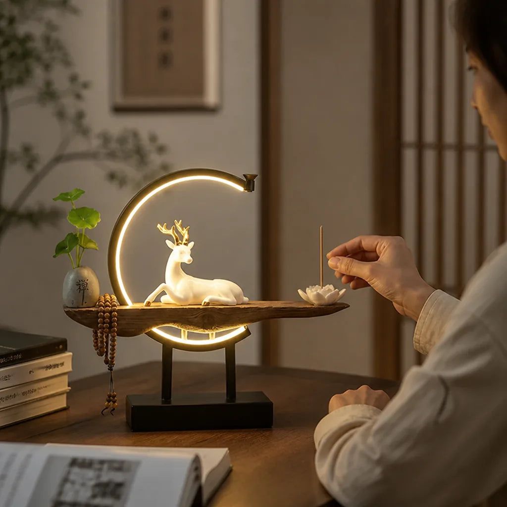 Ceramic Deer Sculpture on Warm LED Crescent Table Lamp