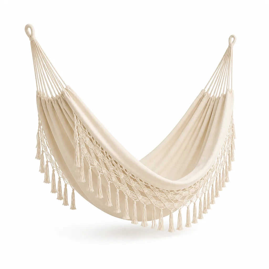Cotton Canvas Hammock with Macrame Tassels and Storage Bag