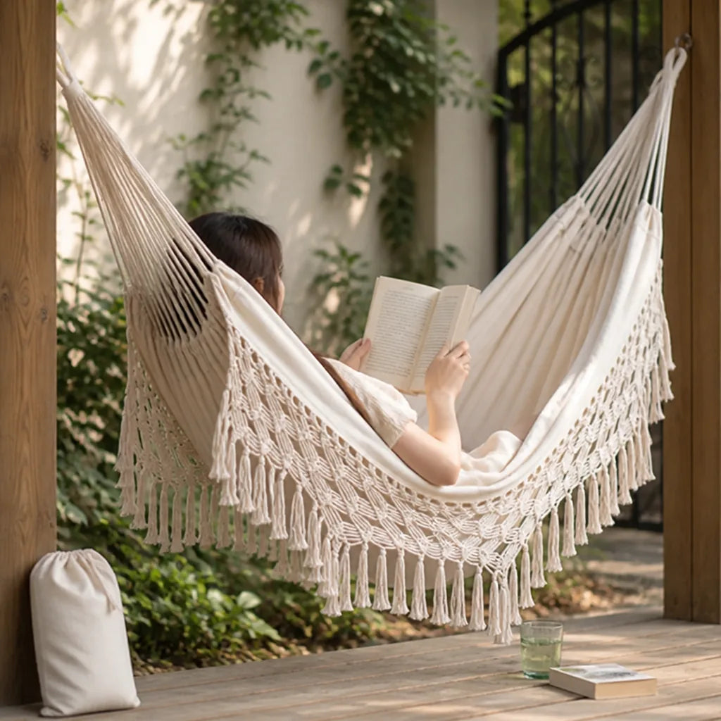 Cotton Canvas Hammock with Macrame Tassels and Storage Bag