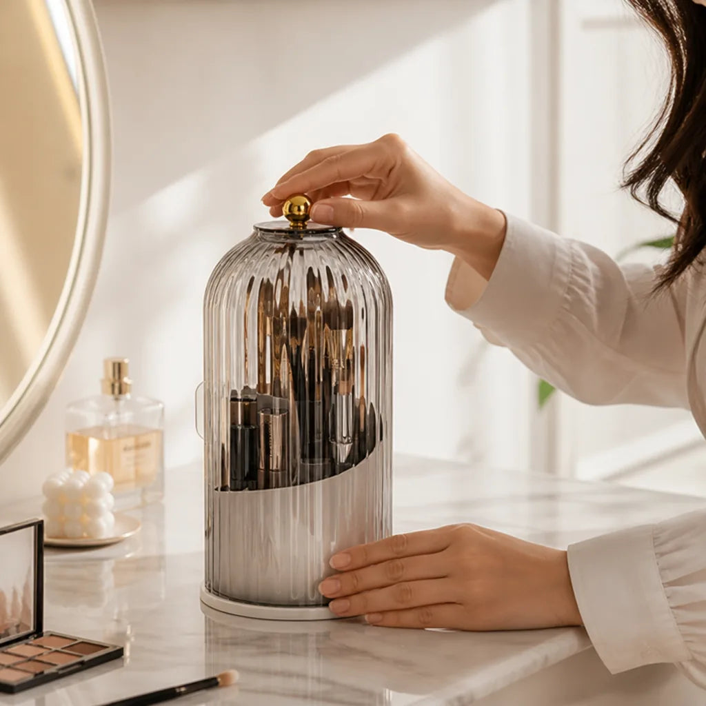 Dustproof Transparent Cover Makeup Brush Organizer (360° Rotating Base)