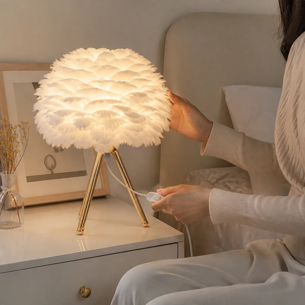 Feather Lampshade Dimmable LED Table Lamp (On-Cord Dimmer)
