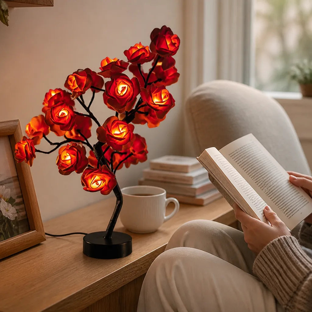Handcrafted Rose Sculpture Table Lamp (USB Or AA Battery Powered, 18-Inch)