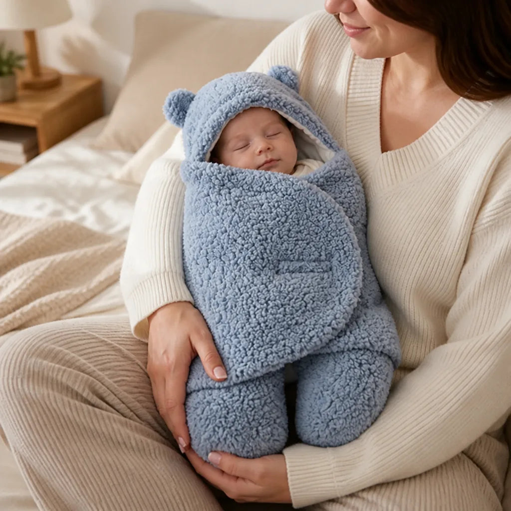 Hooded Newborn Swaddle Wrap (Bear-Ear Hood, Plush Outer & Soft Lining)