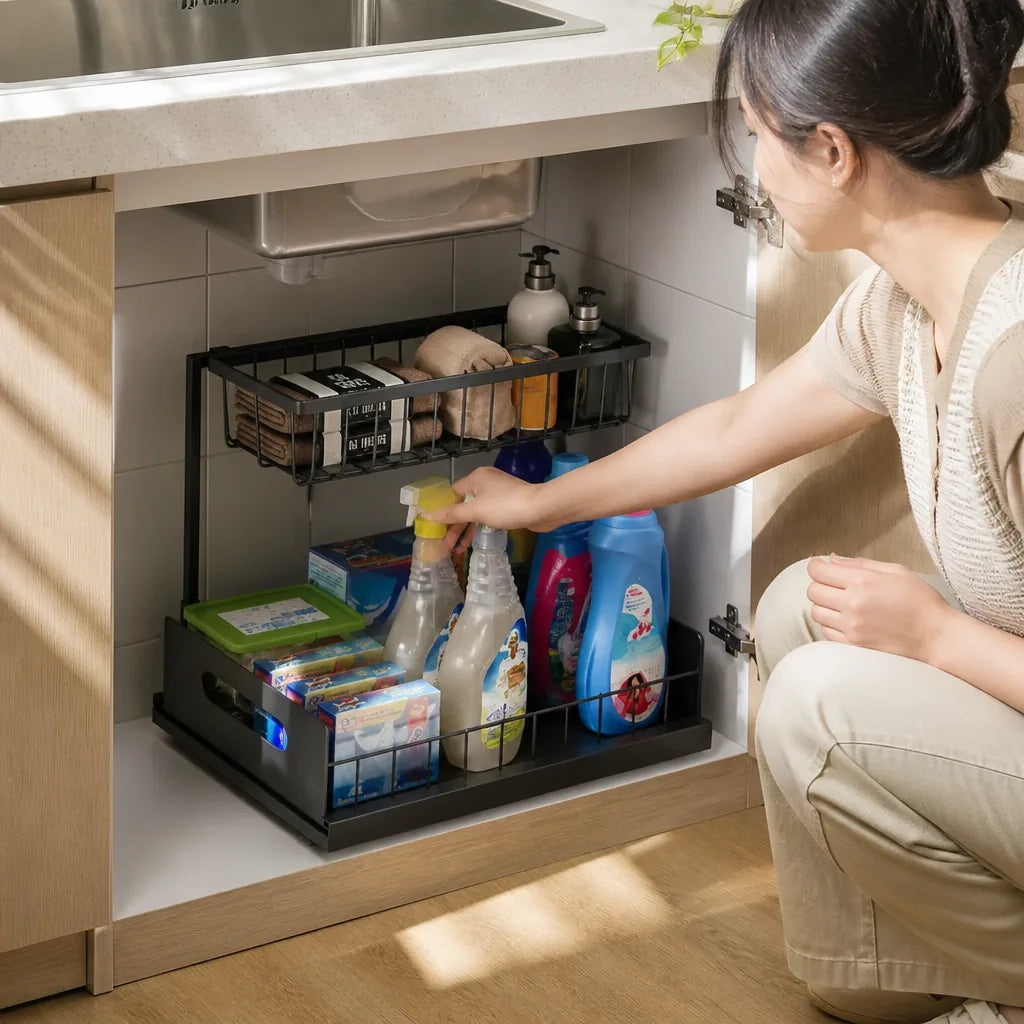 L-Shaped Carbon Steel Pull-Out Under-Sink Organizer (2-Tier)