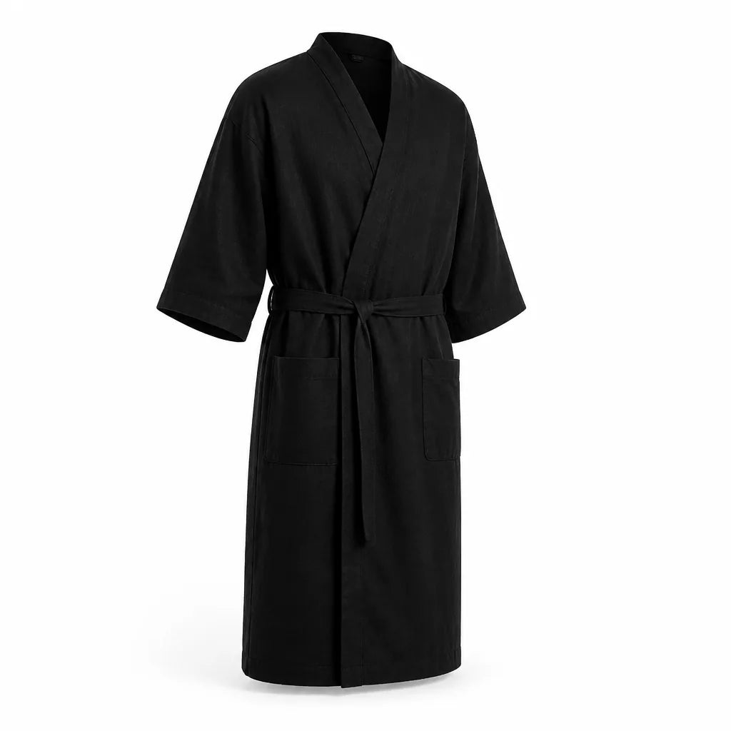 Mid-Length Cotton V-Neck Men's Bathrobe (Adjustable Waist Tie, Three-Quarter Sleeves)
