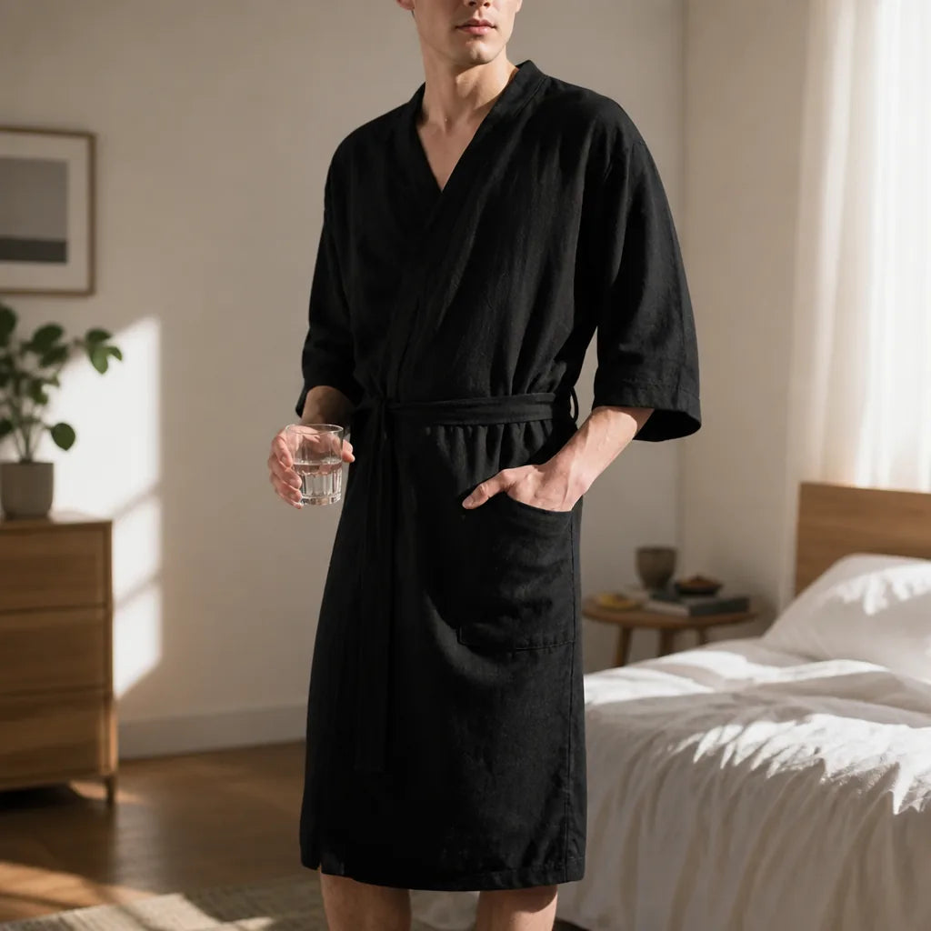 Mid-Length Cotton V-Neck Men's Bathrobe (Adjustable Waist Tie, Three-Quarter Sleeves)