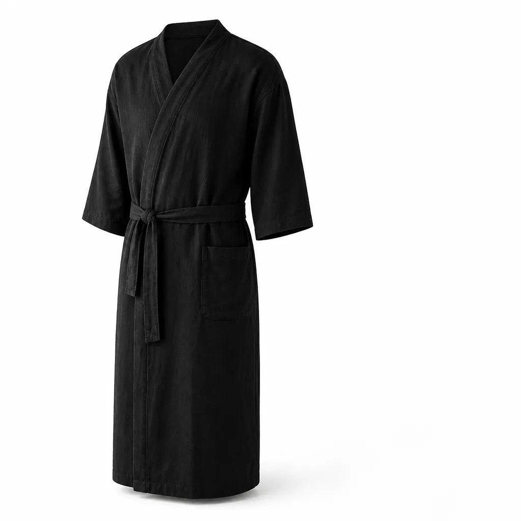 Mid-Length Cotton V-Neck Men's Bathrobe (Adjustable Waist Tie, Three-Quarter Sleeves)