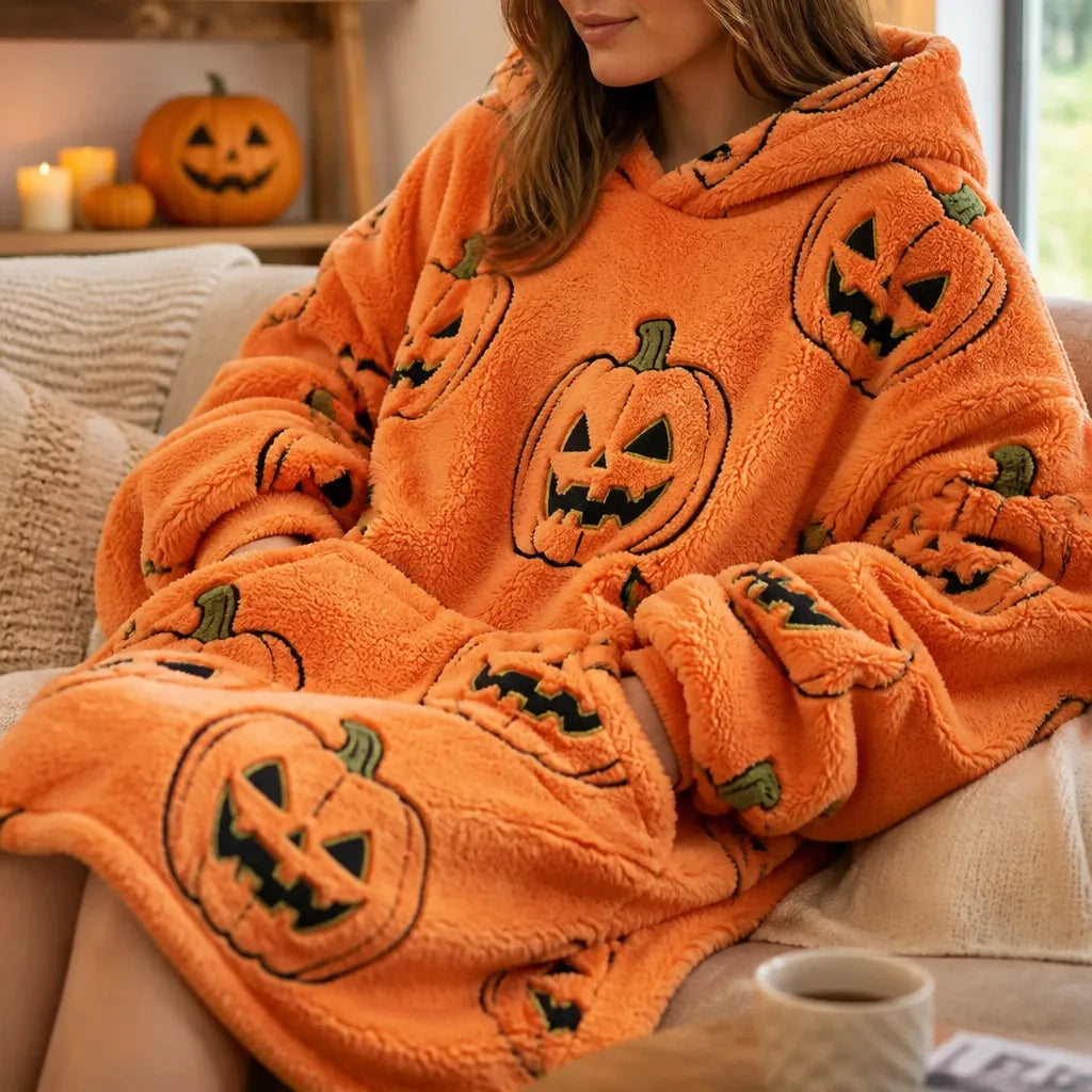 Oversized Halloween Pumpkin Long-Sleeve Hoodie Blanket