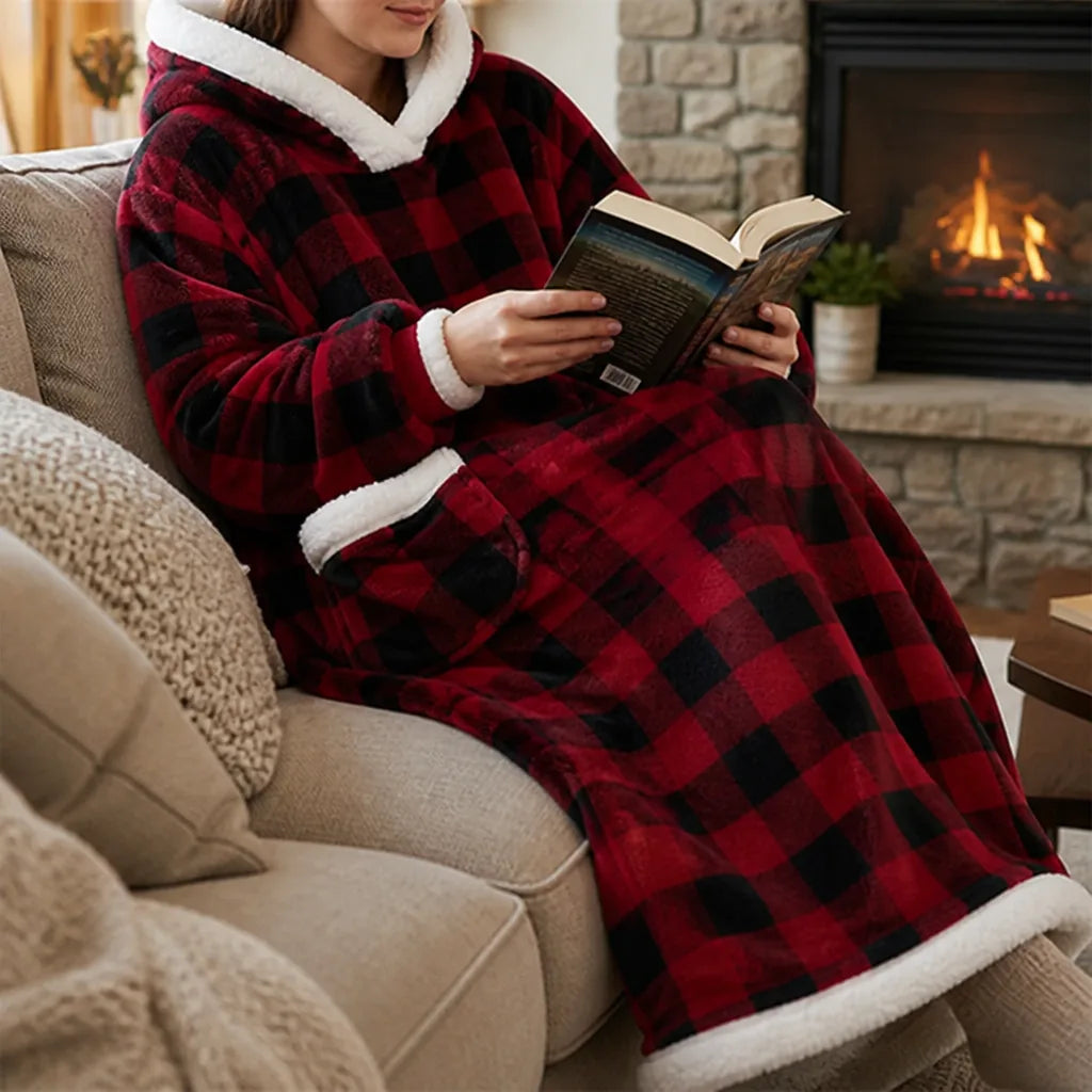 Plush-Lined Oversized Hooded Blanket with Kangaroo Pocket