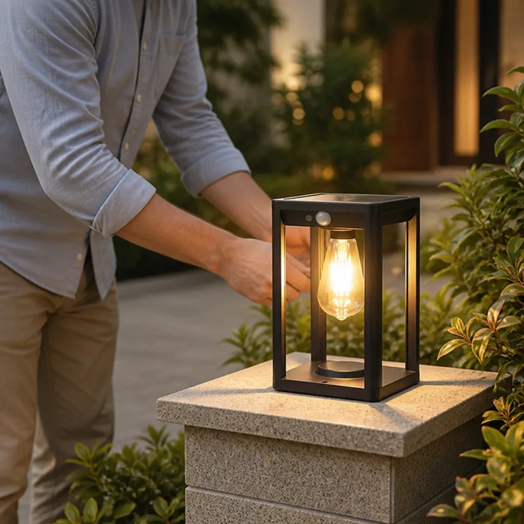 Solar Motion Sensor Pillar-Style Outdoor Lantern (Dimmable Warm LED, Cast Aluminium)